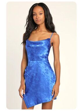 Lulus Fabulously Fun Royal Blue Satin Floral Jacquard Faux Wrap Dress